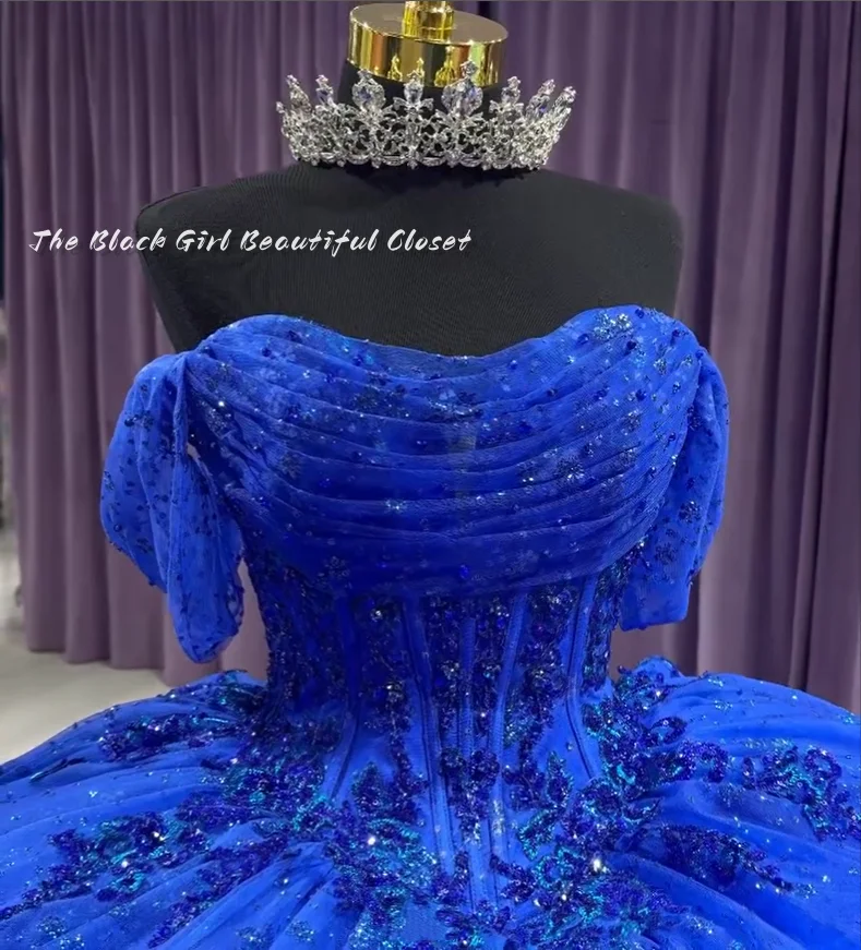 Elegante vestido de luxo com lantejoulas e pérolas, poncho azul, bainha ombro cartão, vestidos strappy, Applique, 15 vestidos Quinceanera, 2024
