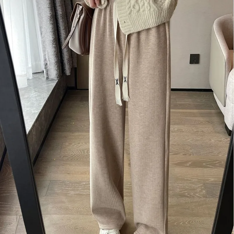 

Women's Autumn Winter High Waisted Solid Screw Thread Drawstring Elastic Casual Wide Leg Loose Trousers Fashion Vintage Pants