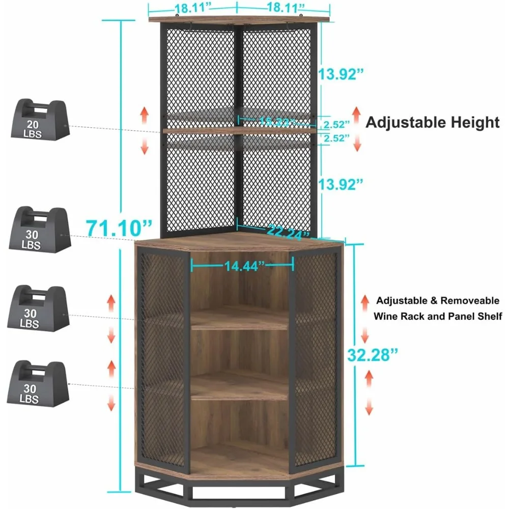 Corner Bar Cabinet for Liquor, Corner Bar Cabinet with Adjustble Shelf Storage, Industrial 5 Tier Liquor Cabinet Bar