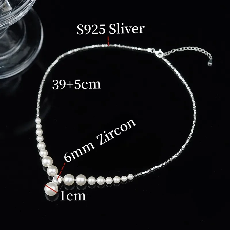 100% S925 Sterling Silver Gradient Pearl Pendants Necklace For Women Classic Choker Chain Wedding Birthday Party Gifts Jewelry