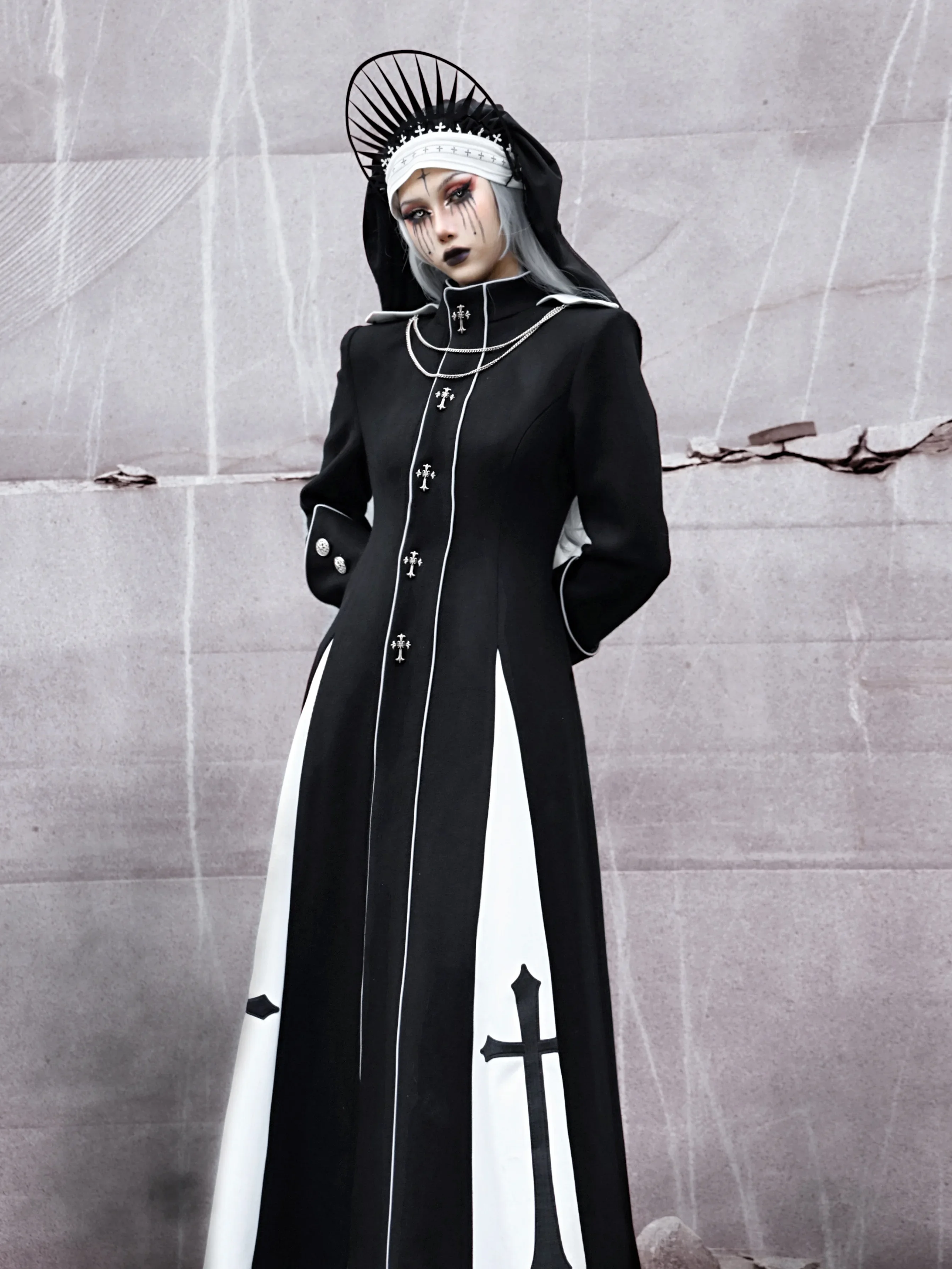 Original Dark Halloween Harajuku Long Woollen Overcoat for Women Autumn Winter Slim-FiT Gothic Heavy Industry Cross Black Coats