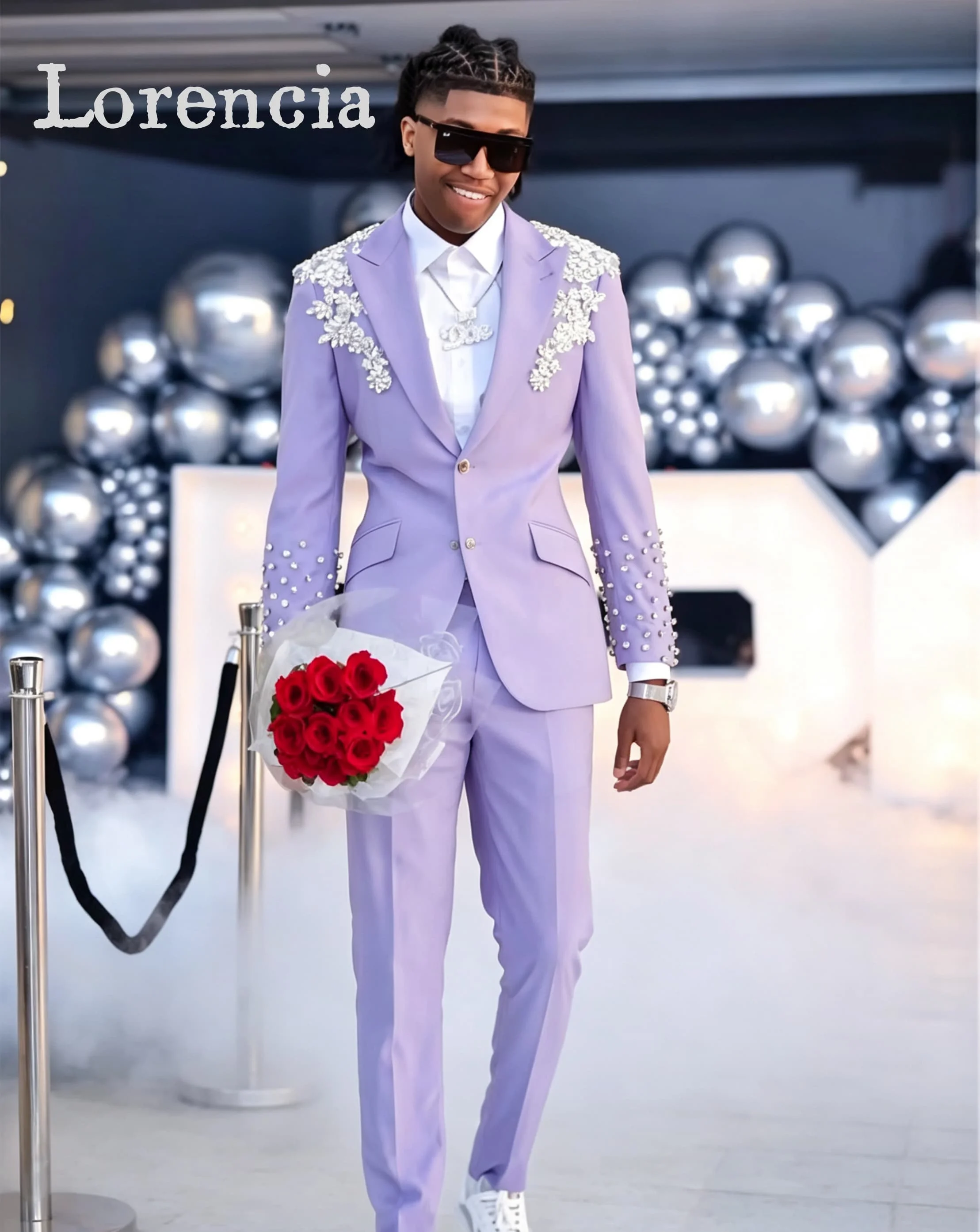 Rhinestone Men Suits Diamond Stones Notched Lapel Wedding Groom Tuxedos 2 Pcs Sets Male Party Blazers Customized Costume Homme