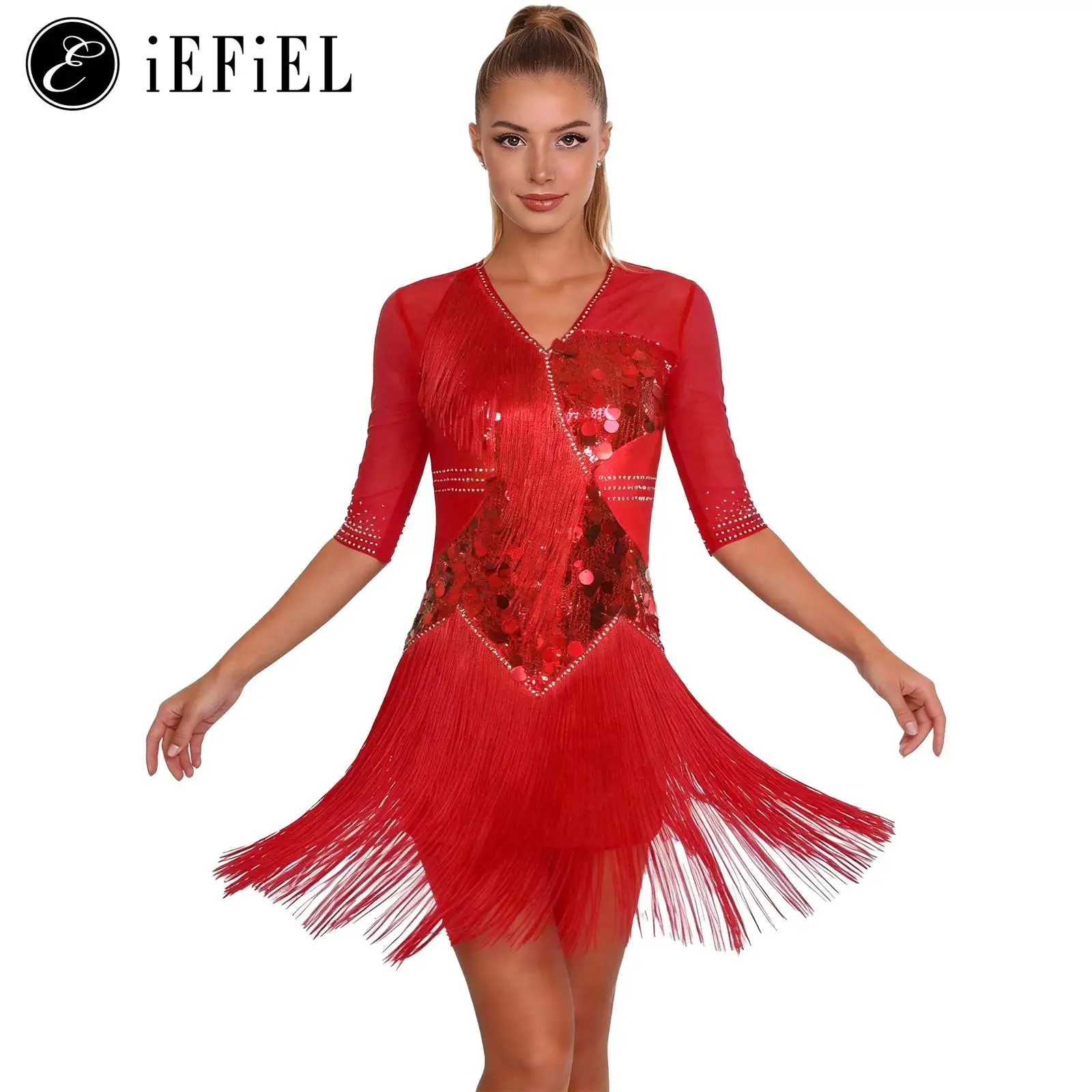 

Womens Tassel Latin Dance Dress Glittery Rhinestone Half Sleeve Sequin Tango Cha-cha Rumba Salsa Ballet Skating Dance Costumes