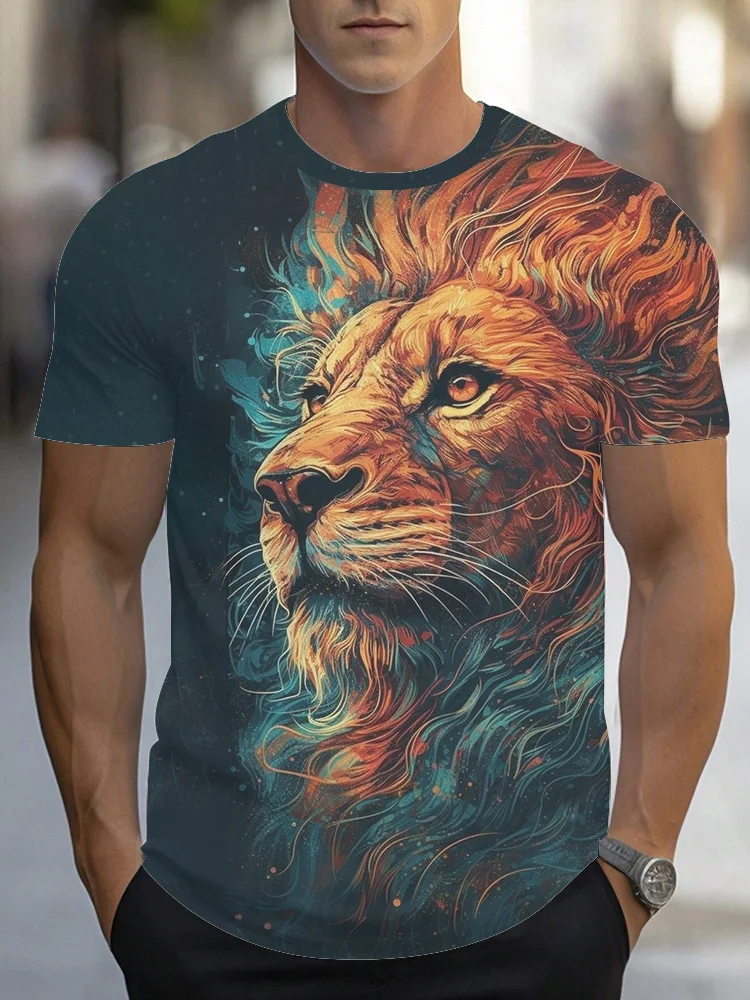 Street Casual Men's Round Neck Short-sleeved Noble Fierce Lion Print Fashion Short-sleeved T-shirt Men's Tops Casual Clothing