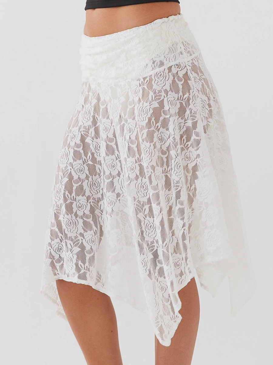 

Womens Lace Sheer Skirt Elastic Waistband Asymmetric Hem Ruched Rose Print A-Line Midi Skirt