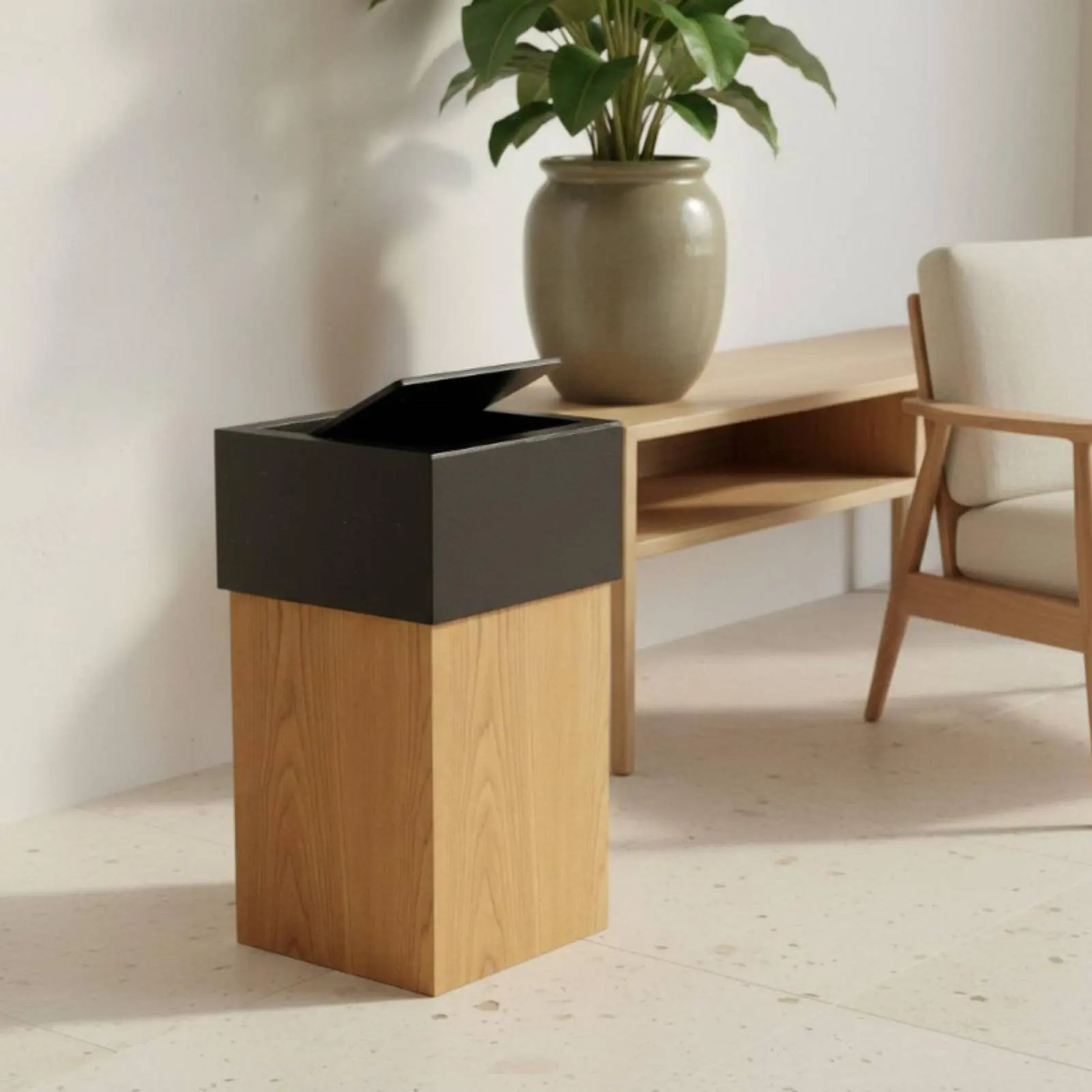 

Nordic Design Wastebasket Space-Saving Wooden Trash Can Square Garbage Can with Lid Household Storage for Living Room, Office