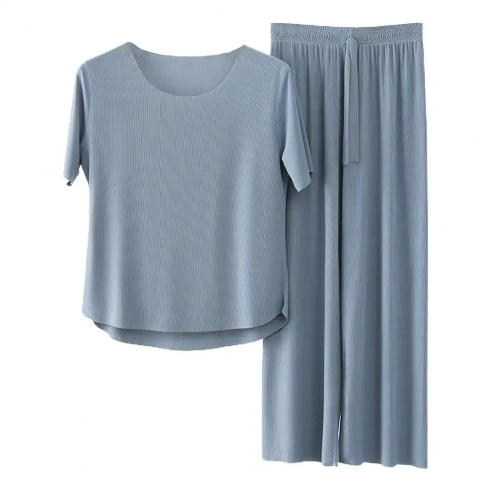 Conjunto pijama de seda gelo feminino, macio, pijamas amigáveis para a pele, respirável, sem costura, calças de perna larga, elástico, confortável