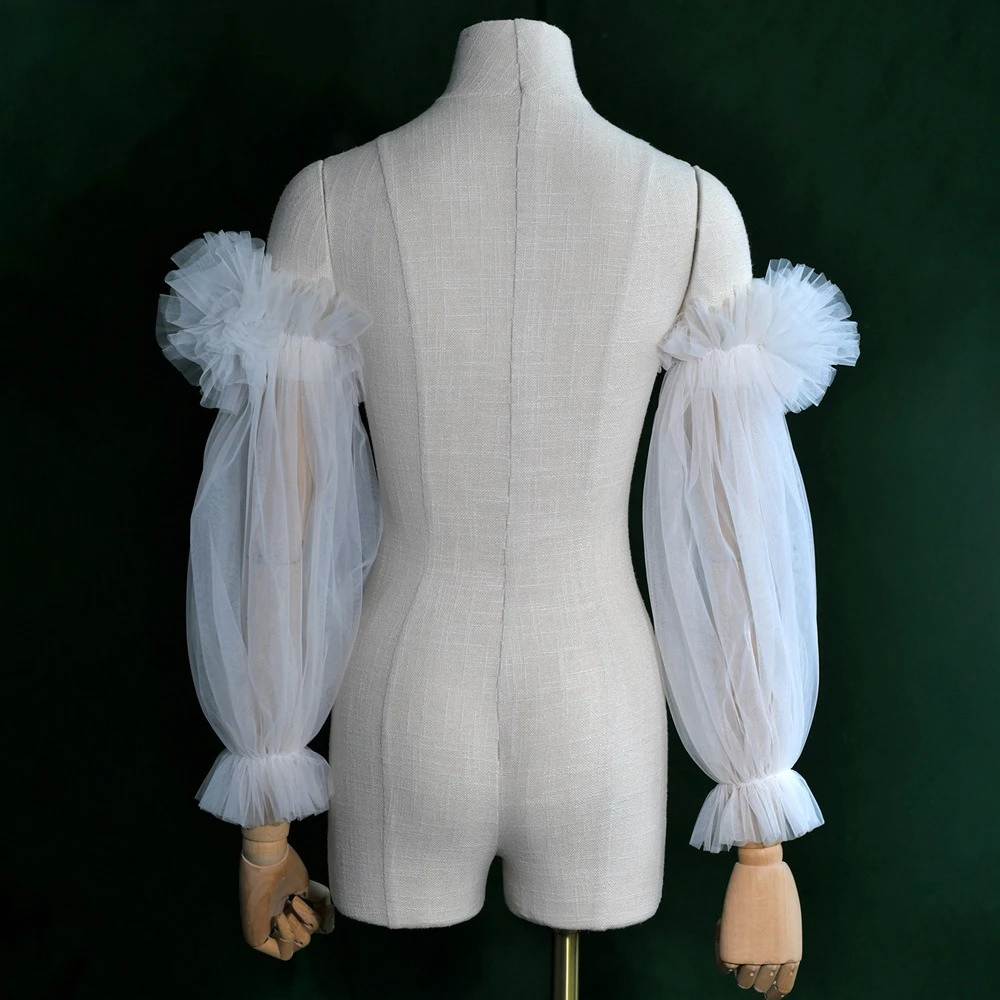 فستان زفاف بأكمام العروس، أكمام شبكية على شكل زهرة يغطي الذراع بدون حمالات، إكسسوارات الزفاف