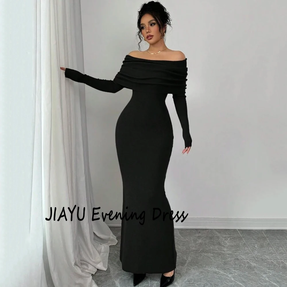 فستان سهرة رسمي من الجيرسيه برقبة قارب أسود مخصص مطوي وأكمام طويلة رداء حفلات بطول الكاحل حورية البحر فستان حفلة موسيقية للنساء