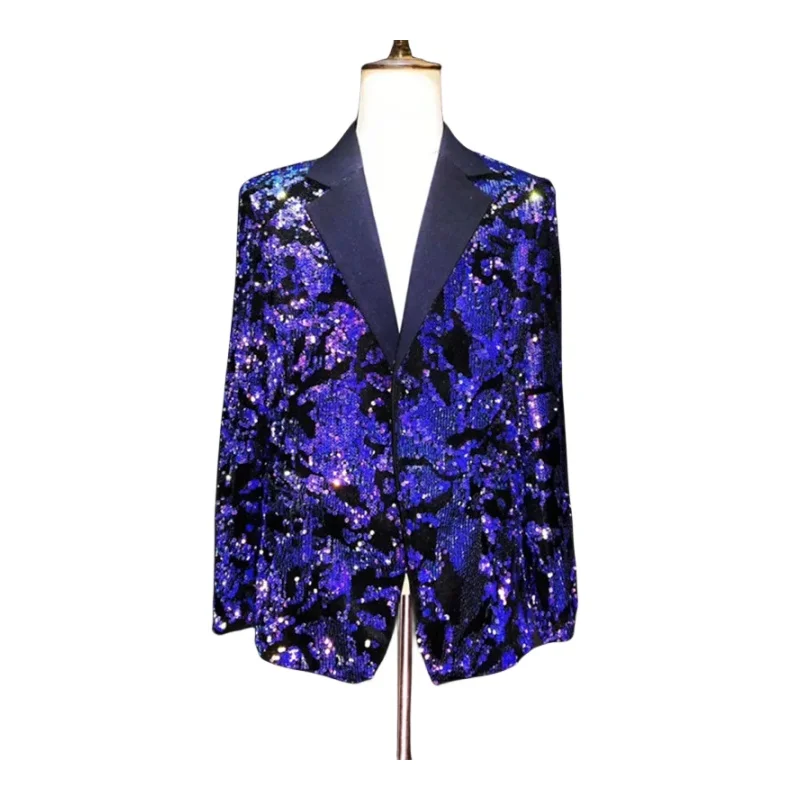 

Shining Blue Purple Sequins Jacket Men's Suit Jackets Fashion Slim Blazers Coat Male Singer Nightclub Clothing Host Show Costume