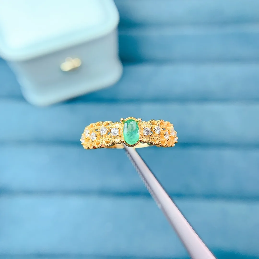 Luxury Retro Element Natural Emerald Ring S925 Pure Silver Fashion Jewelry Charming Shine Precious Stone Elegant Female Ornament