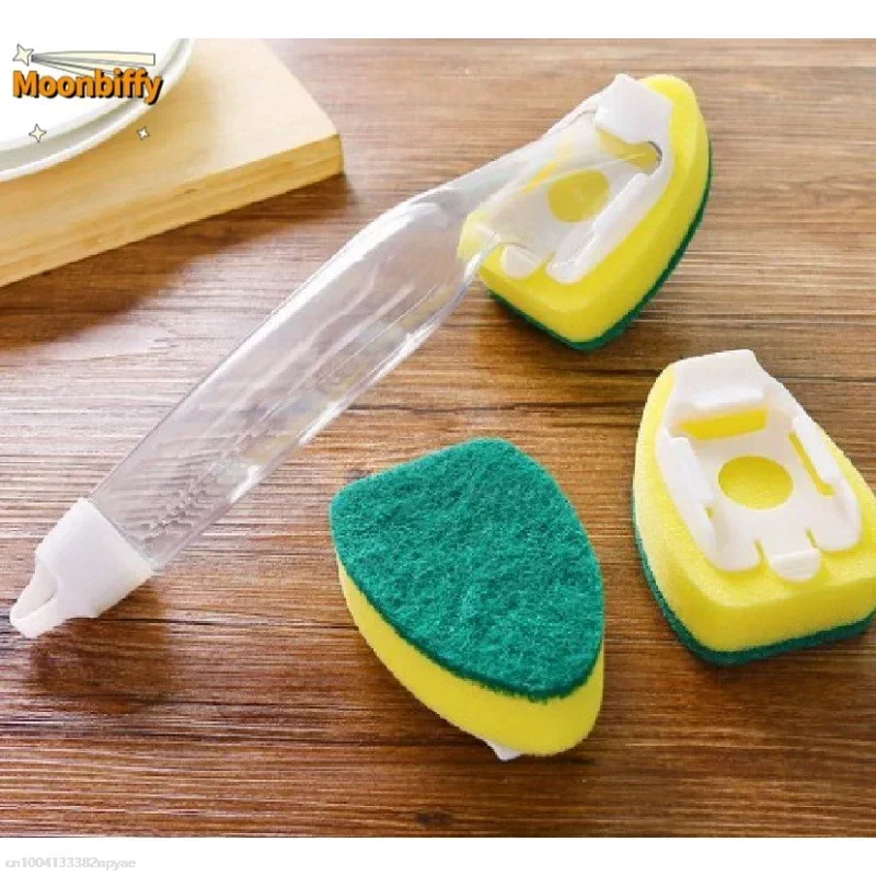 Sponge Soap Dispensing Dish Cleaning Brush Set With 1 Dish Washing Handle 2 Sponge Replacement Head Kitchen Sink Scrubber Tool