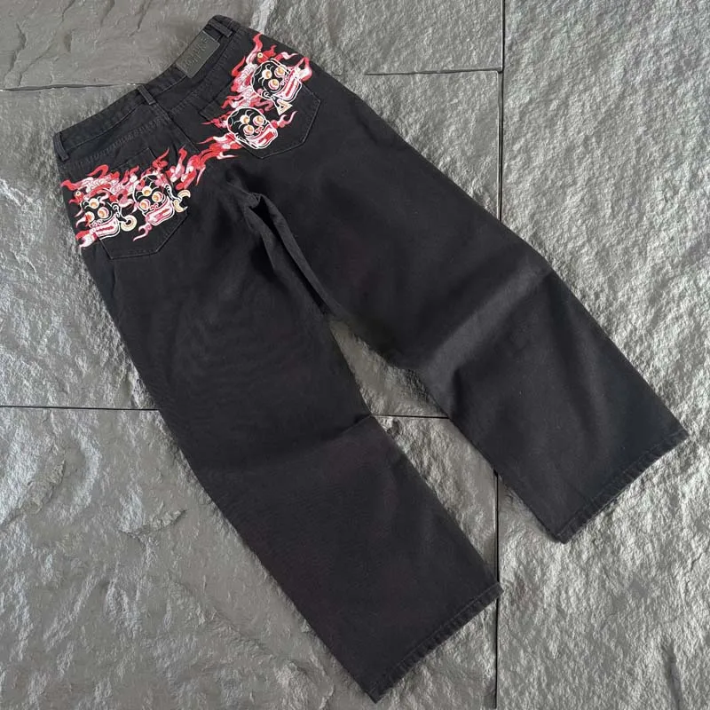 Men Women Black Wide Leg Derschutze Jeans Line Graffiti Embroidery Loose Straight Denim Pants