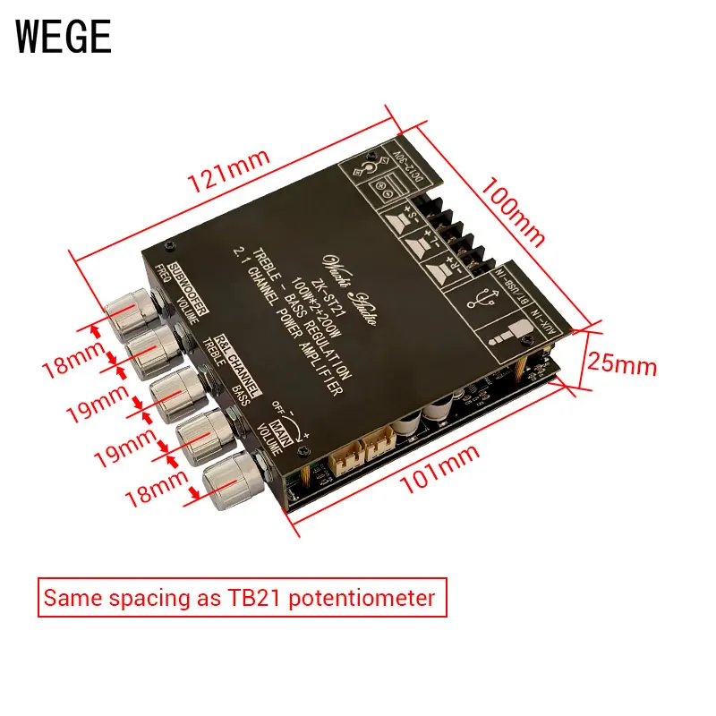 WEGE ZK-ST21 BT Digital Amplifier Board 2.1 Channel 100Wx2+200W