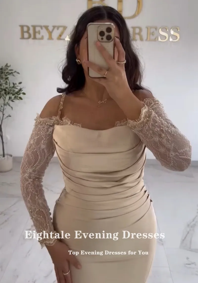 

Eightale Arabic Evening Dress Mermaid Prom Gown Satin Lace Spaghetti Strap Long Sleeves Customized Wedding Party Dress