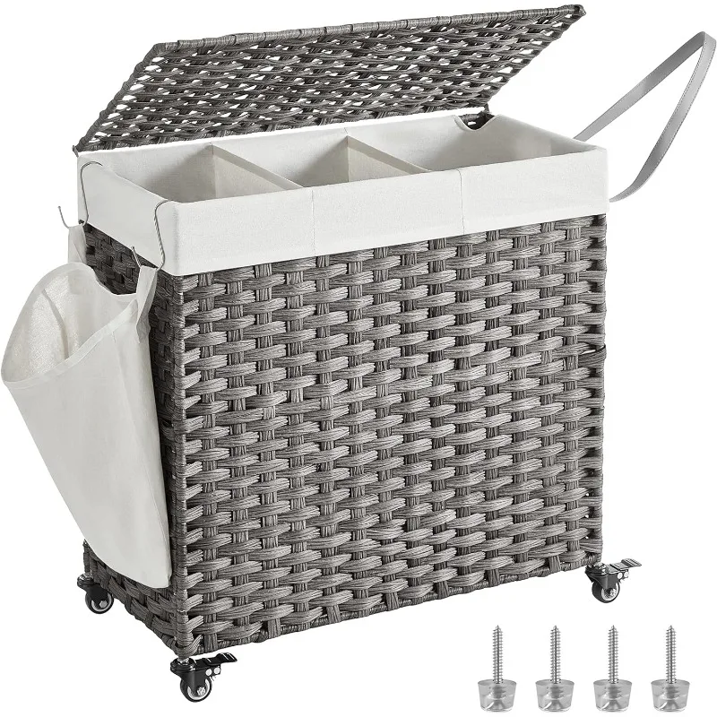 

Rolling Laundry Basket with Wheels, 3-Section Synthetic Rattan Laundry Hamper, Removable Liner, Bedroom