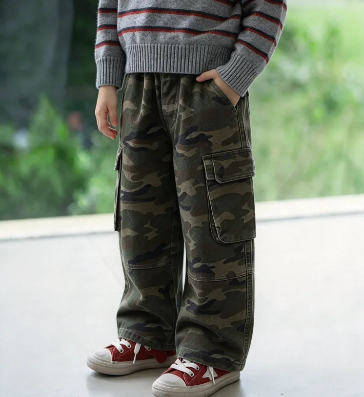 Boys Cargo Pant Spring Autumn Korean 2026 New Children Camouflage Work Pants Wide Legs Handsome Cool Outerwear