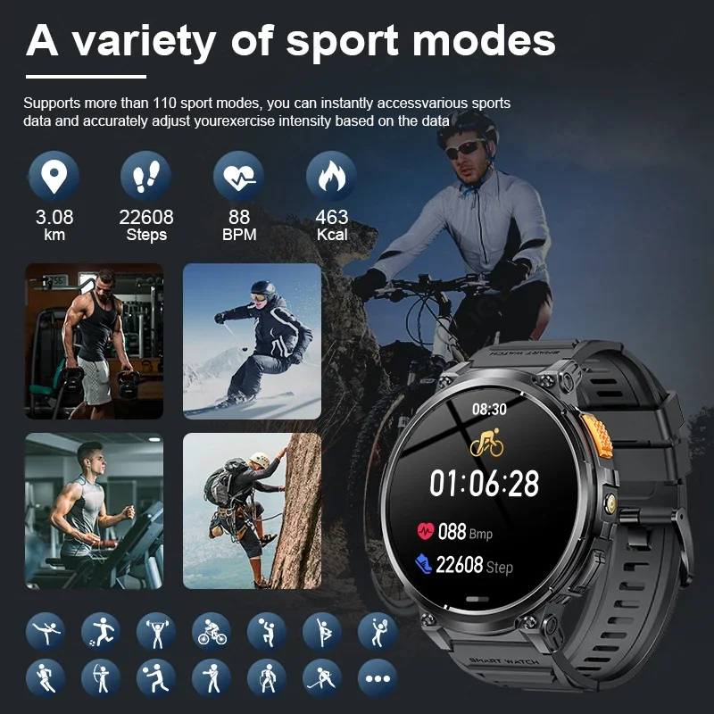 Outdoors Sport Smart Watch Men 360*360 HD Screen 730mAh IP68 Waterproof Bluetooth Call Blood Oxygen Monitor Smartwatch 2024