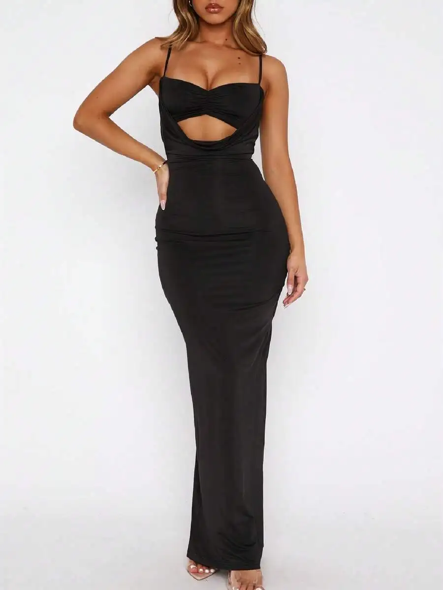 

Women Cut Out Spaghetti Strap Cowl Neck Ruched Bodycon Maxi Dress Sexy Summer
