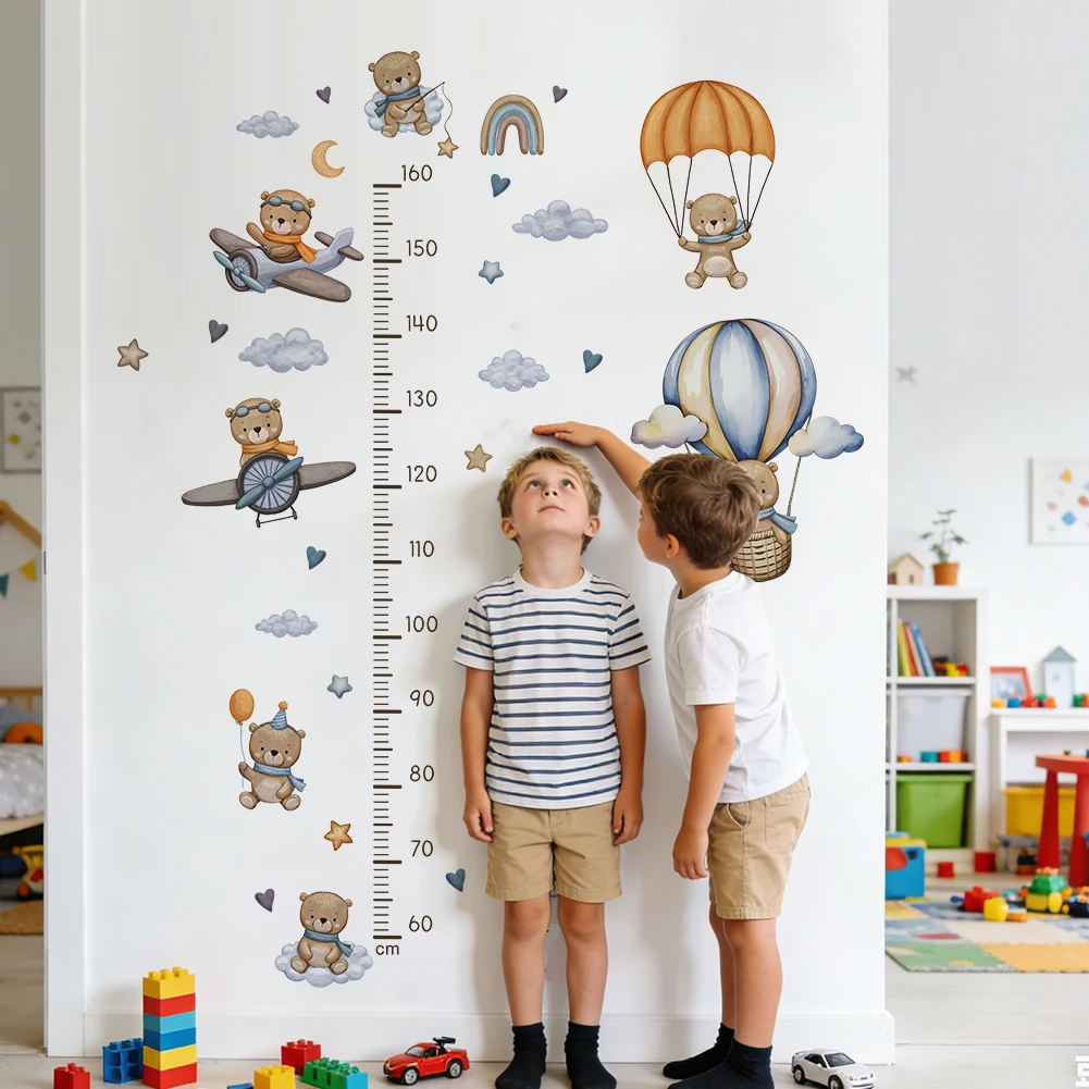 Cute Bear Height Chart Wall Sticker Airplane Hot Air Balloon Growth Measure Ruler Decal Kids Nursery Bedroom Decor