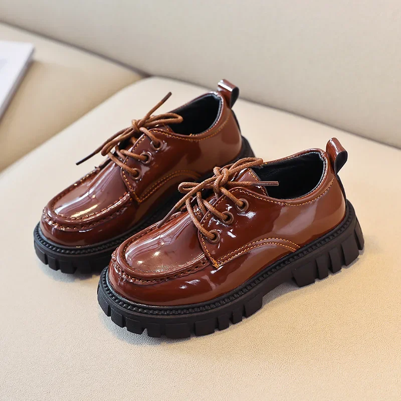 Solid Brown Kid Shoes 2022 Autumn PU Unisex Shoes British Style Children Shoes Girls and Boys for Show Hot Casual School Shoes