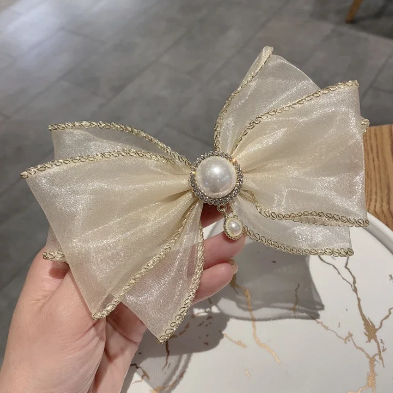 Modne nowe eleganckie spinki do włosów z kokardą z organzy wisiorek strasy perłowe francuskie zacisk sprężynowy kokardki do wsuwki dziewczęce damskie akcesoria — zdjęcie 7