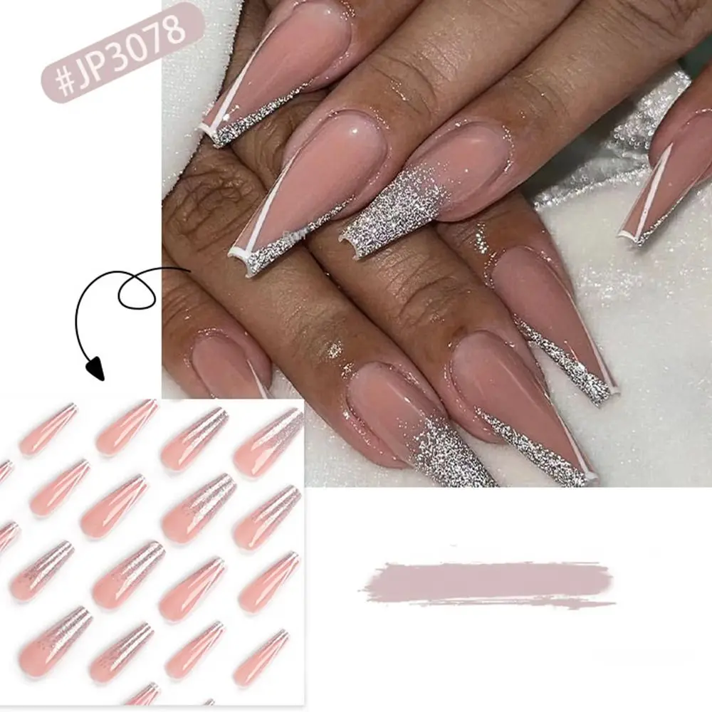 Nuevas uñas postizas largas de bailarina, puntas de uñas de cristal con purpurina francesa, cubierta completa desmontable, prensa en uñas DIY
