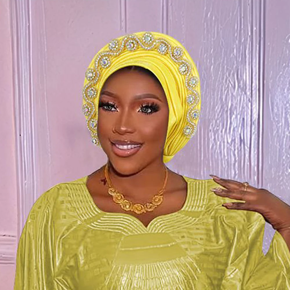 Topi Sorban Berlian Mewah untuk Wanita Nigeria Pernikahan Geles Topi Baja Pesta Turbante Mujer Afrika Auto Gele Headtie Head Wraps