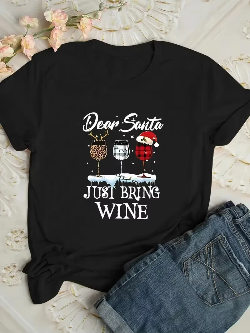 Unisex Christmas Graphic T‑Shirt Gnome Truck Wine Toy Print Crew Neck Short Sleeve Casual Xmas Holiday Party Tee For Men Women
