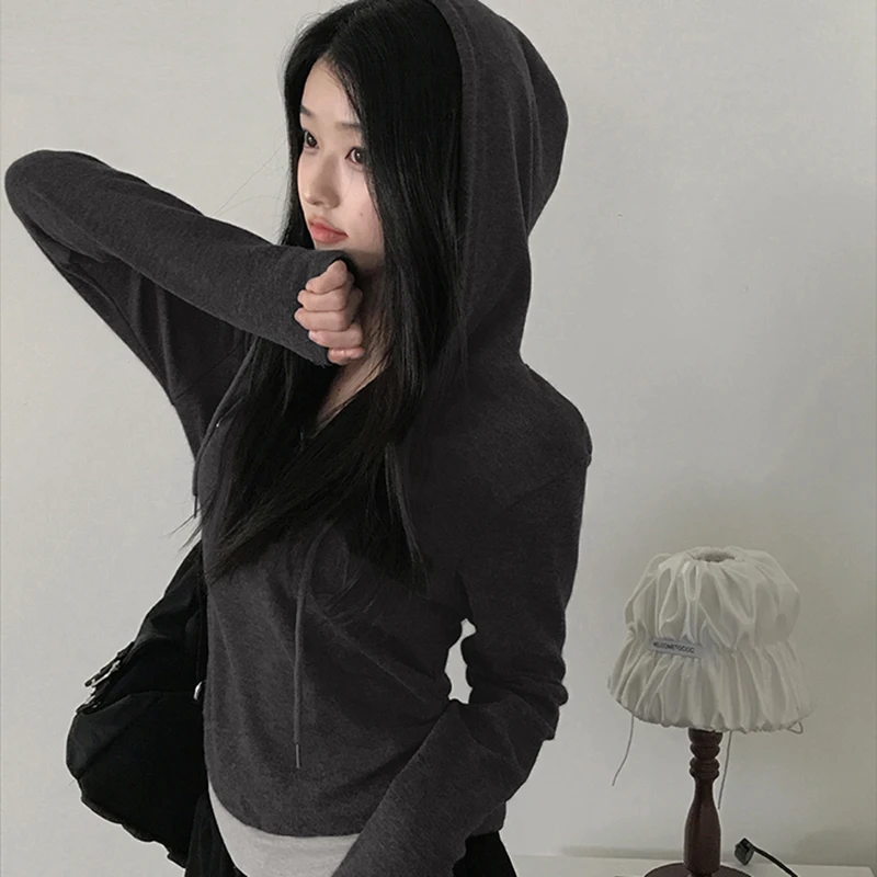 Women’s Hooded Long Sleeve T-Shirts Casual Slim Fit Pullover Drawstring Hood Layered Hem Design Tops Y2K Aesthetic Autumn/Winter