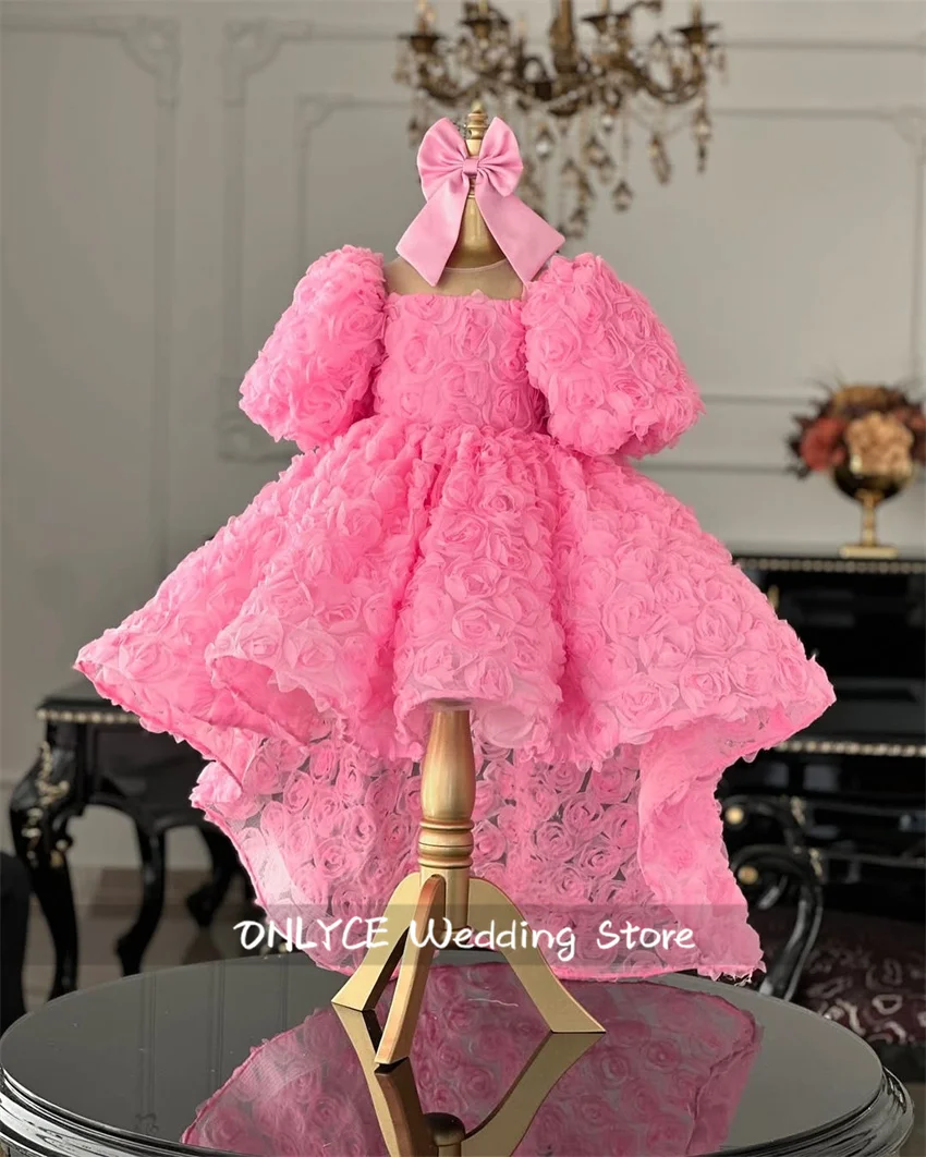 

Cute Pink Flower Girl Dress For Wedding 2025 With Bow Flowers Appliques Birthday Party Photoshoot Child Prom Customized