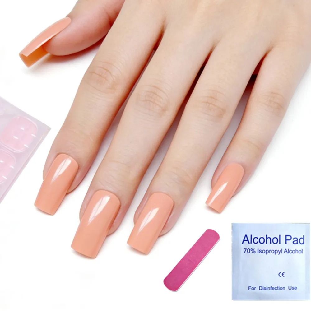 

Creamy Peach Press on Nails Square Shape Glossy Reusable False Nails with Glue Kit Manicure Set for Women Daily Wear
