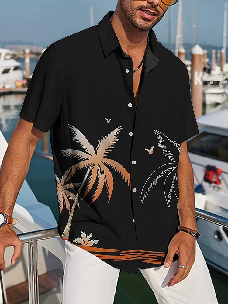 Camisa masculina de manga curta, estilo havaiano, camisa casual de verão, todos os dias, moda masculina, praia, festa, camisa masculina, estampa de árvore de coco