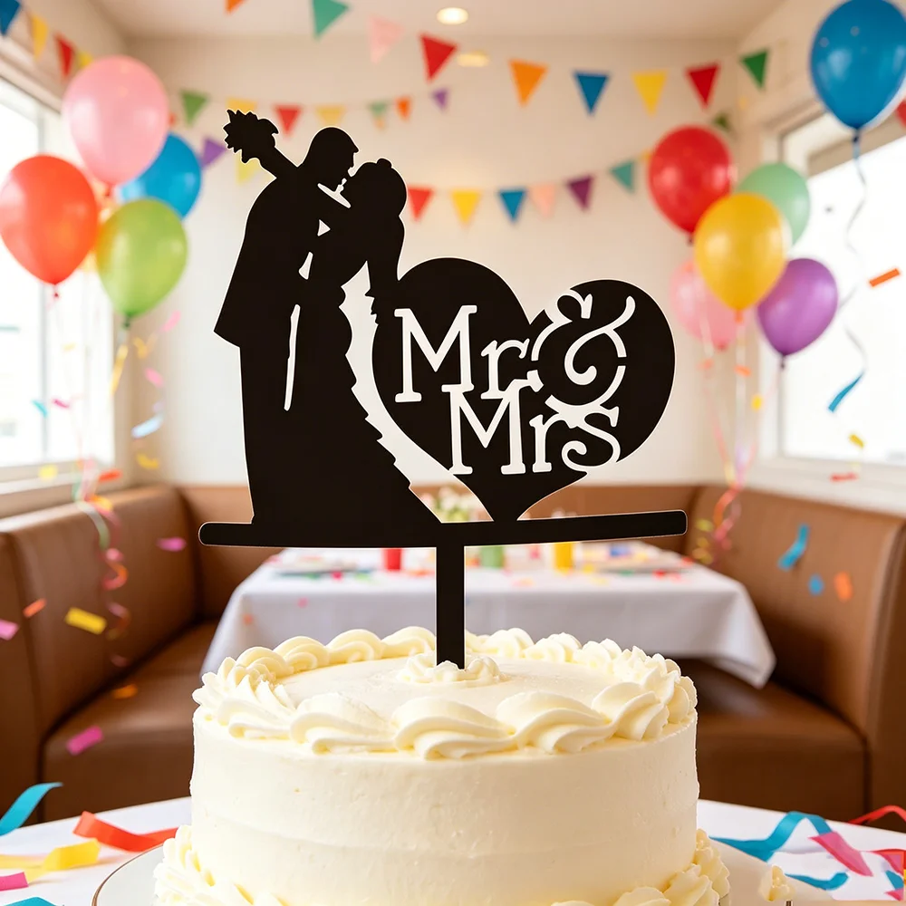 Mr&Mrs Schwarzer Acryl-Cake-Topper Passend zur Dessert-Dekoration Braut und Bräutigam Hochzeitszeremonien Valentinstag Romantische Feier