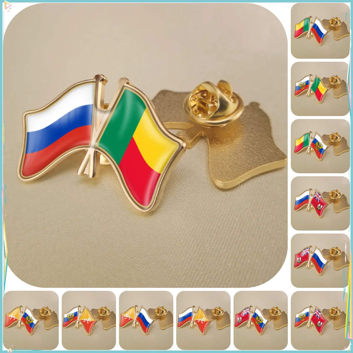 Russian Federation and Benin Bermuda Bhutan Double Crossed Friendship Flags Brooches Lapel Pins Badges