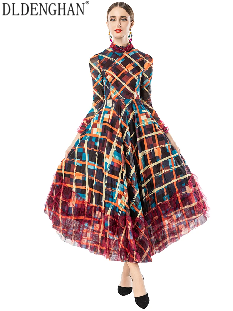DLDENGHAN المرأة منقوشة طباعة الوقوف طوق فستان بكم طويل الكشكشة أنيقة فستان حفلة الخريف المألوف الإناث فستان طويل #1