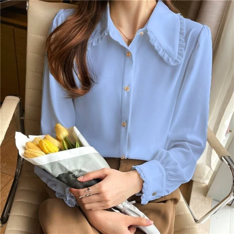 

Fashion Women Shirt 2024 Spring New Style Chiffon Blouse Loose Fit Long Sleeve Top Casual Button Down Solid Color Shirts Q539