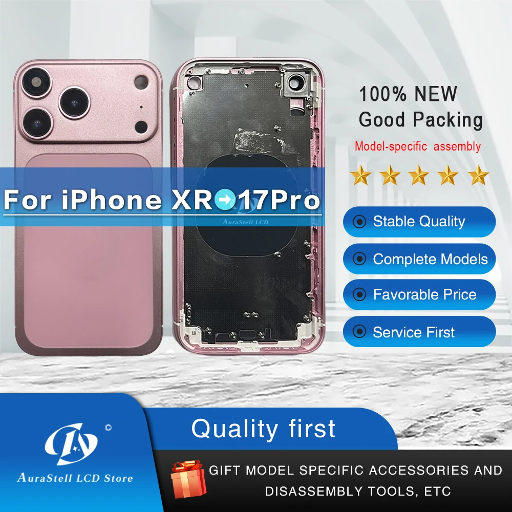 iphone-xrを17-proに変換するdiyコンバーターフレーム交換用、ピンクの背面ガラスバッテリーカバーハウジングミドルフレーム（simトレイ付き）