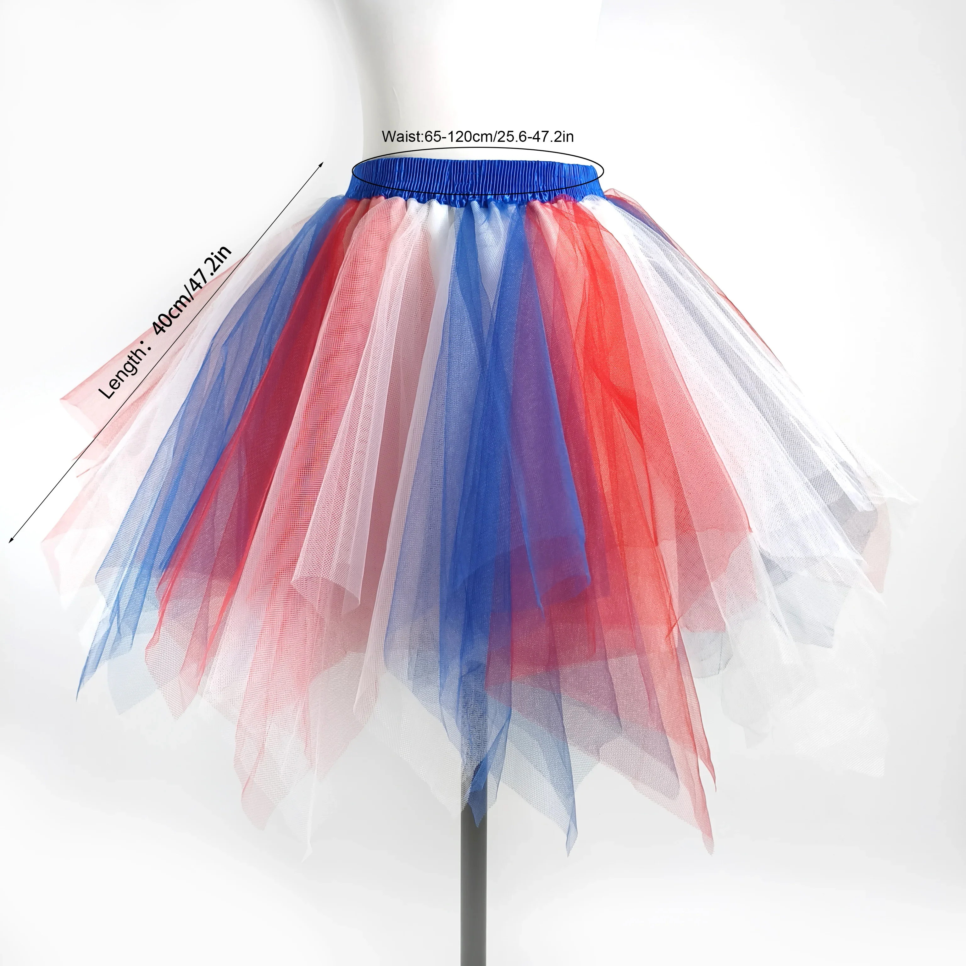 Red-Blue-White Stripe Asymmetrical Pointed-Edge Fluffy Short Skirt Adult Party Makeup Dance Ballet Tutu Half-length Skirt
