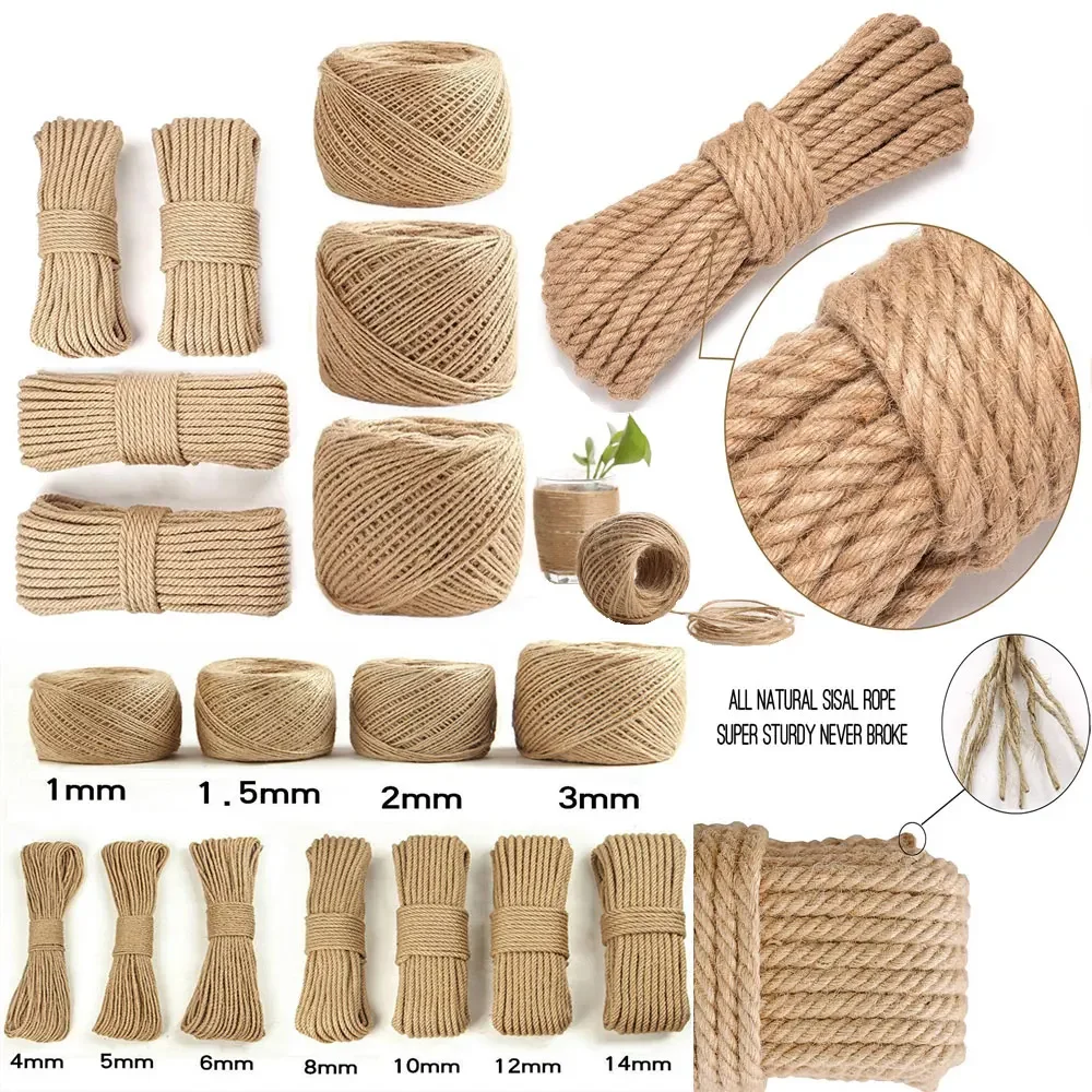 1-14mm Natural Vintage Jute Rope Cord String DIY Basket Cat Pet Scratching Handmade Gift Wrapping Gardening Wedding Decor 2-100M