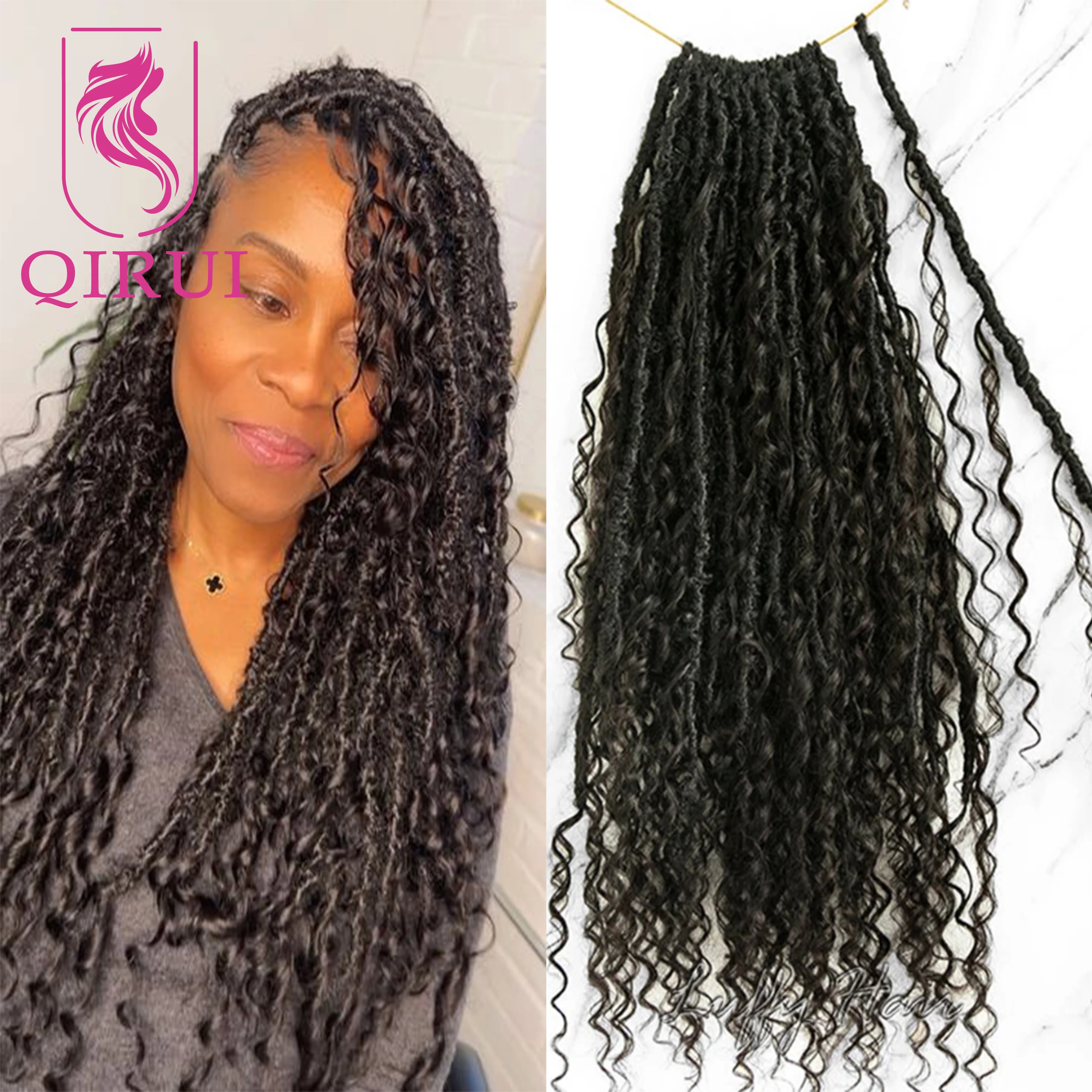 72Strands Curly Pre Looped Crochet Faux Locs Braids Hair With Human Hair Curls Goddess Boho Locs With Human Hair Curly Full Ends