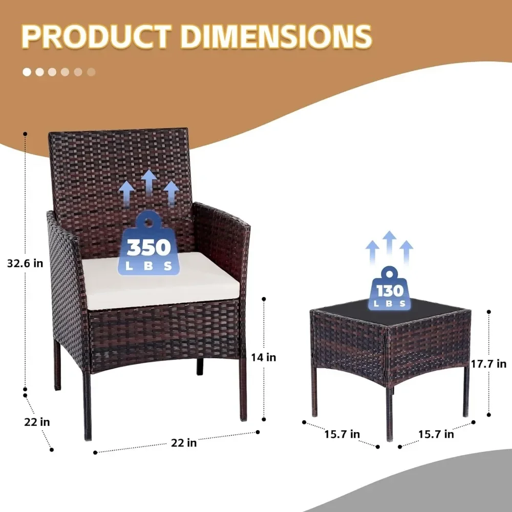 Patio Set 3 Piece Outdoor Rattan Porch Furniture with Tempered Glass Side Table & Cushion All Weather Conversation Bistro Set