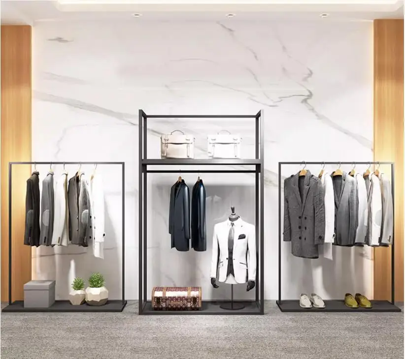 Design of a floor standing modern men's clothing store display rack with iron art display rack and side hanging clothes rack