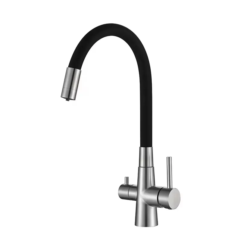 

Double Handle Kitchen Water Filter Faucet With Flexible Silicone Tube Pull-out Tap Stainless Steel Black Lighting Modern 5 Years