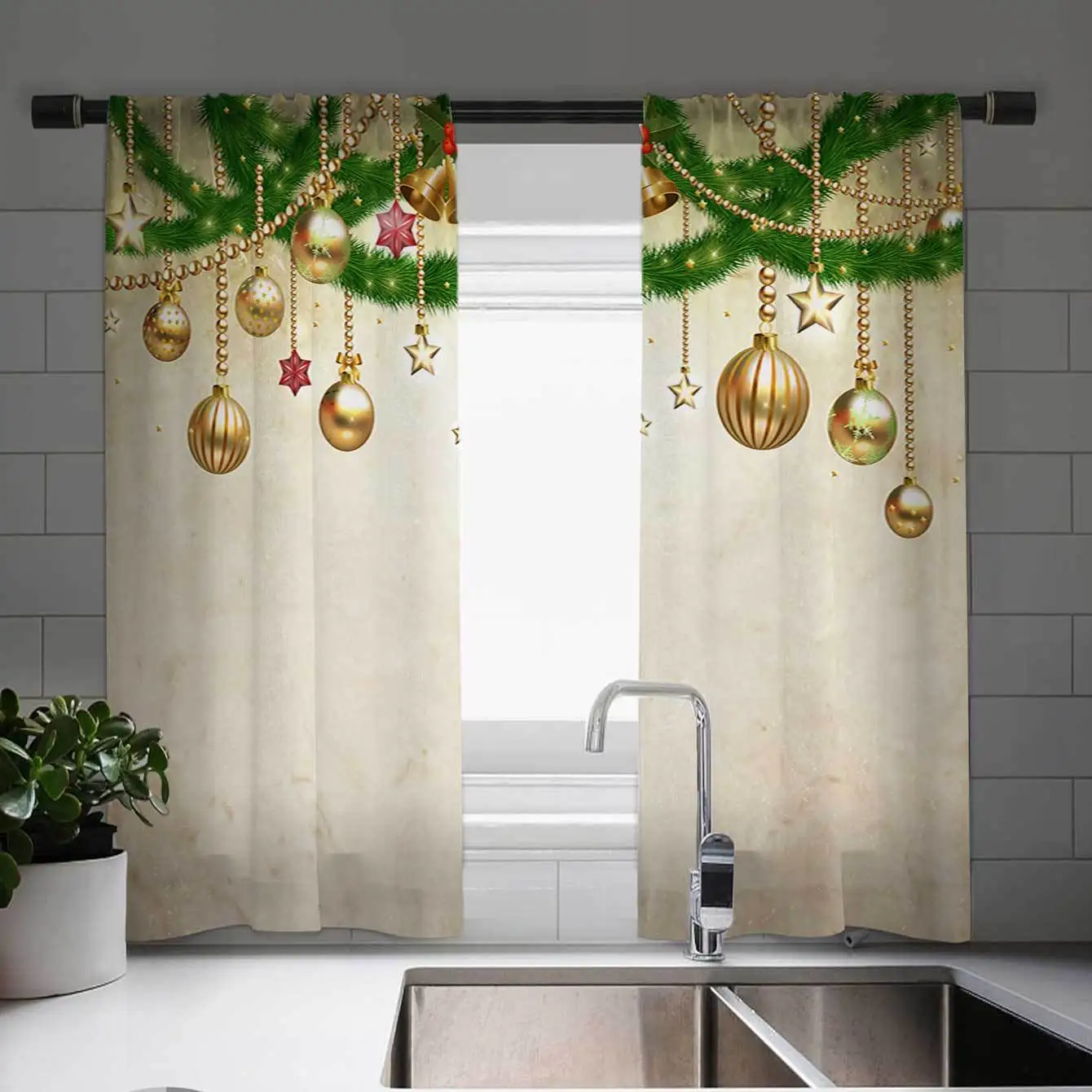 Charming Christmas Cafe Curtains - Festive Tree & Gift Design with Colorful Lights Vintage European Style for Kitchen LivingRoom