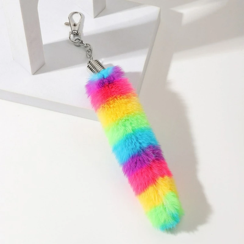 Regenboog pluche staart harige sleutelhanger hangende hanger vrouwen portemonnee decoratie cadeau D5QF