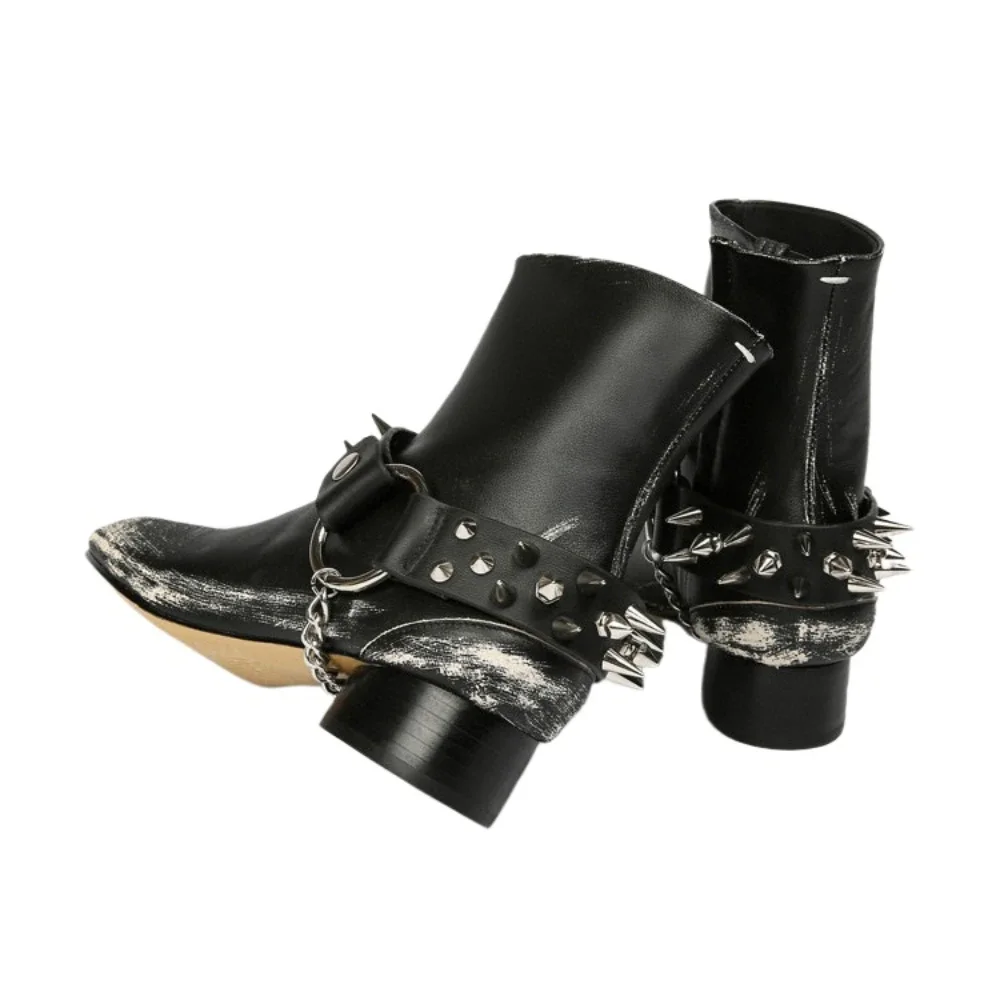 Rivet Belt Buckle Short Booties Punk Genuine Leather Distressed Mid-calf Boots Metal Chain Women Buckle Chelsea Boots Designer