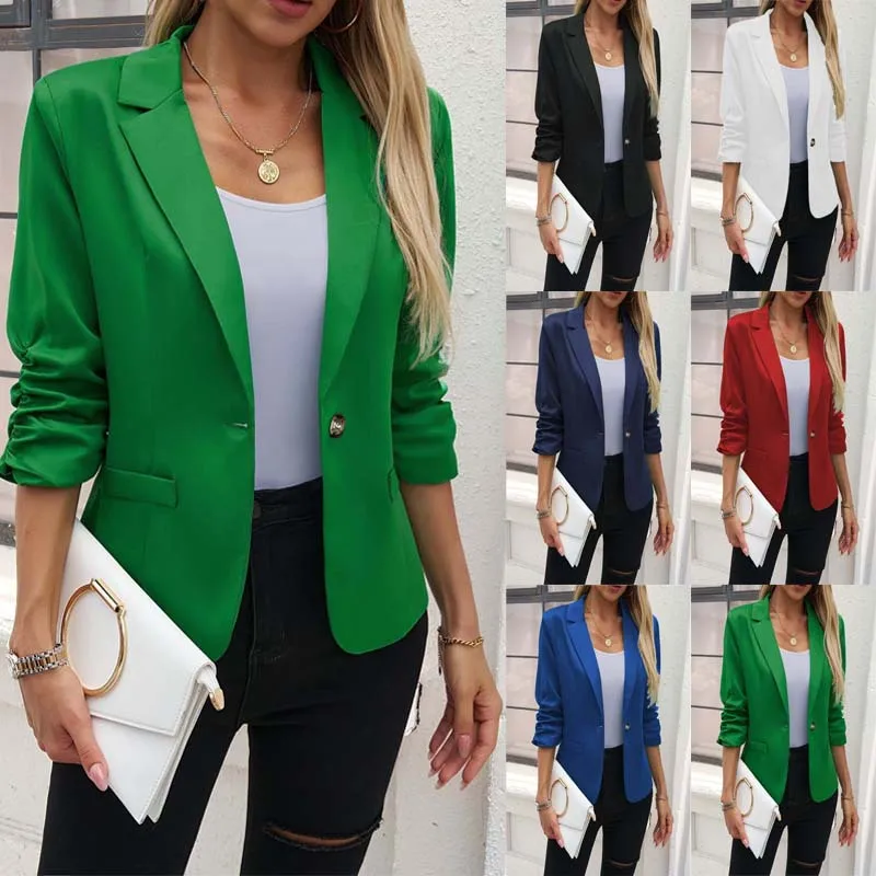  Women Autumn Spring Pockets Blazer Feminino Half Sleeve Single Button  Outerwears Office Ladies Business Workwear Blazers