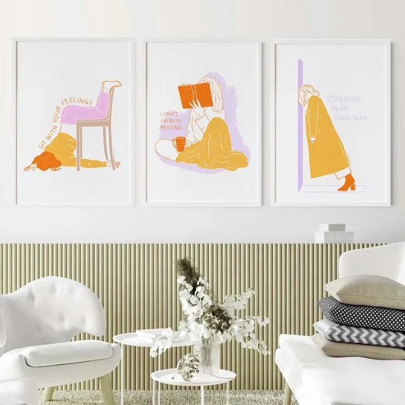 1pc frameless Canvas Painting Modern Minimalist Line Girl Illustration Poster Girly Busy Resting Reading Book Canvas Painting Wa