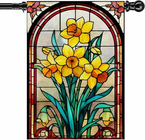 Spring Summer Daffodils House Flag 28X40 Double Sided Stained Glass Style Garden 313055611627 ZZY